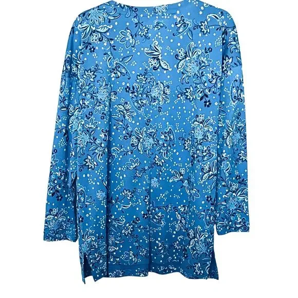 J. HILL SUPIMA V-NECK TUNIC, WOMENS, M, BLUE W/PAISLEY WHITE & BLACK FLOWERS - Picture 4 of 10